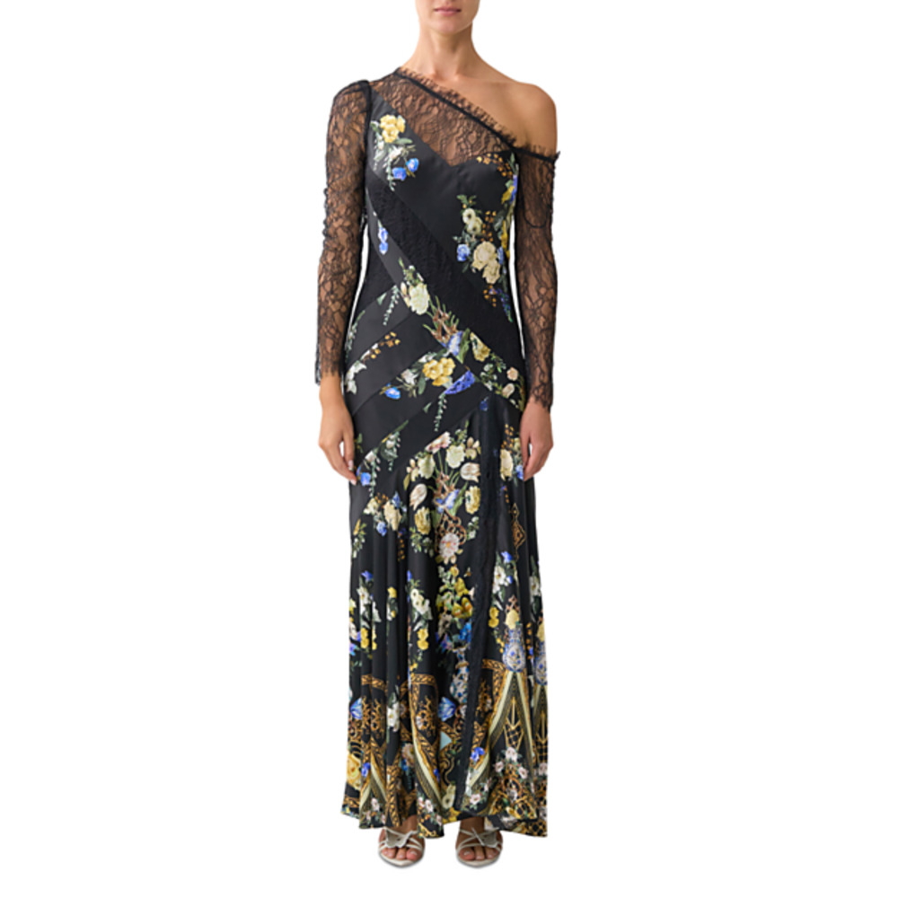 Camilla Silk Lace Spliced One Shoulder Dress in Black
